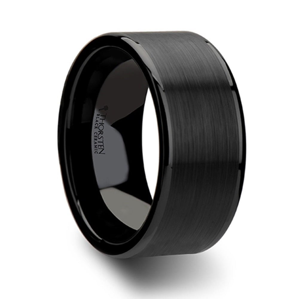 Mens Flat Black Ceramic Brushed Center Wedding Ring - Polished Edges Comfort Fit - 4mm 6mm 8mm 10mm 12mm Wide - Style name: OCTAVIUS
