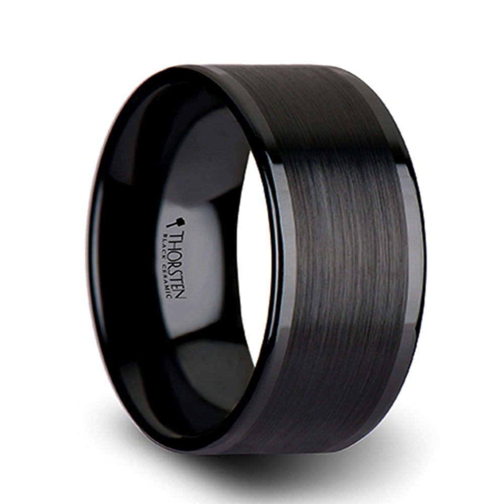 Mens Flat Black Ceramic Brushed Center Wedding Ring - Polished Edges Comfort Fit - 4mm 6mm 8mm 10mm 12mm Wide - Style name: OCTAVIUS