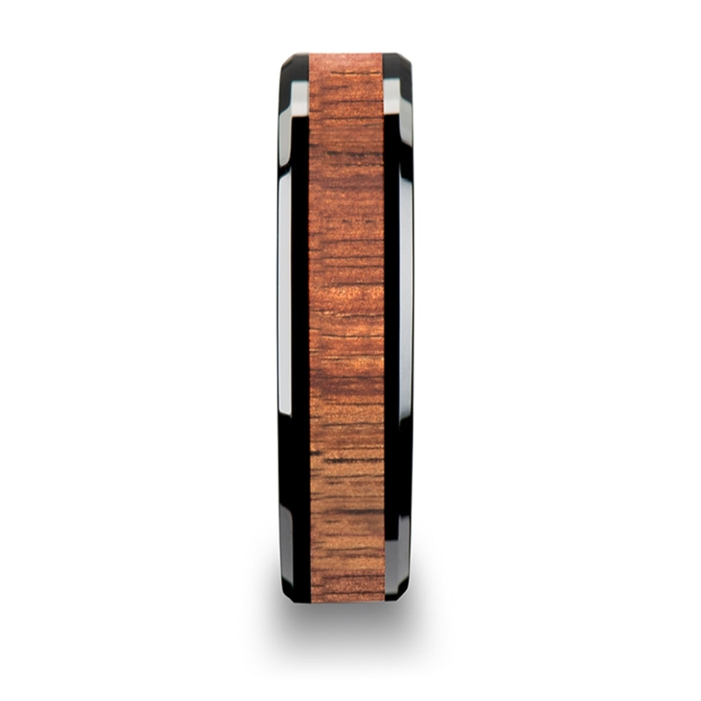 Mens Black Ceramic Koa Wood Inlaid Wedding Ring - Beveled Comfort Fit - 4mm 6mm 7mm 8mm 10mm 12mm Wide - Style name: ACACIA