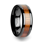 Load image into Gallery viewer, Mens Black Ceramic Koa Wood Inlaid Wedding Ring - Beveled Comfort Fit - 4mm 6mm 7mm 8mm 10mm 12mm Wide - Style name: ACACIA
