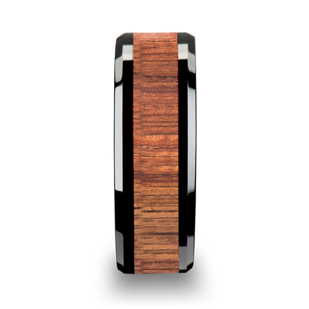 Mens Black Ceramic Koa Wood Inlaid Wedding Ring - Beveled Comfort Fit - 4mm 6mm 7mm 8mm 10mm 12mm Wide - Style name: ACACIA