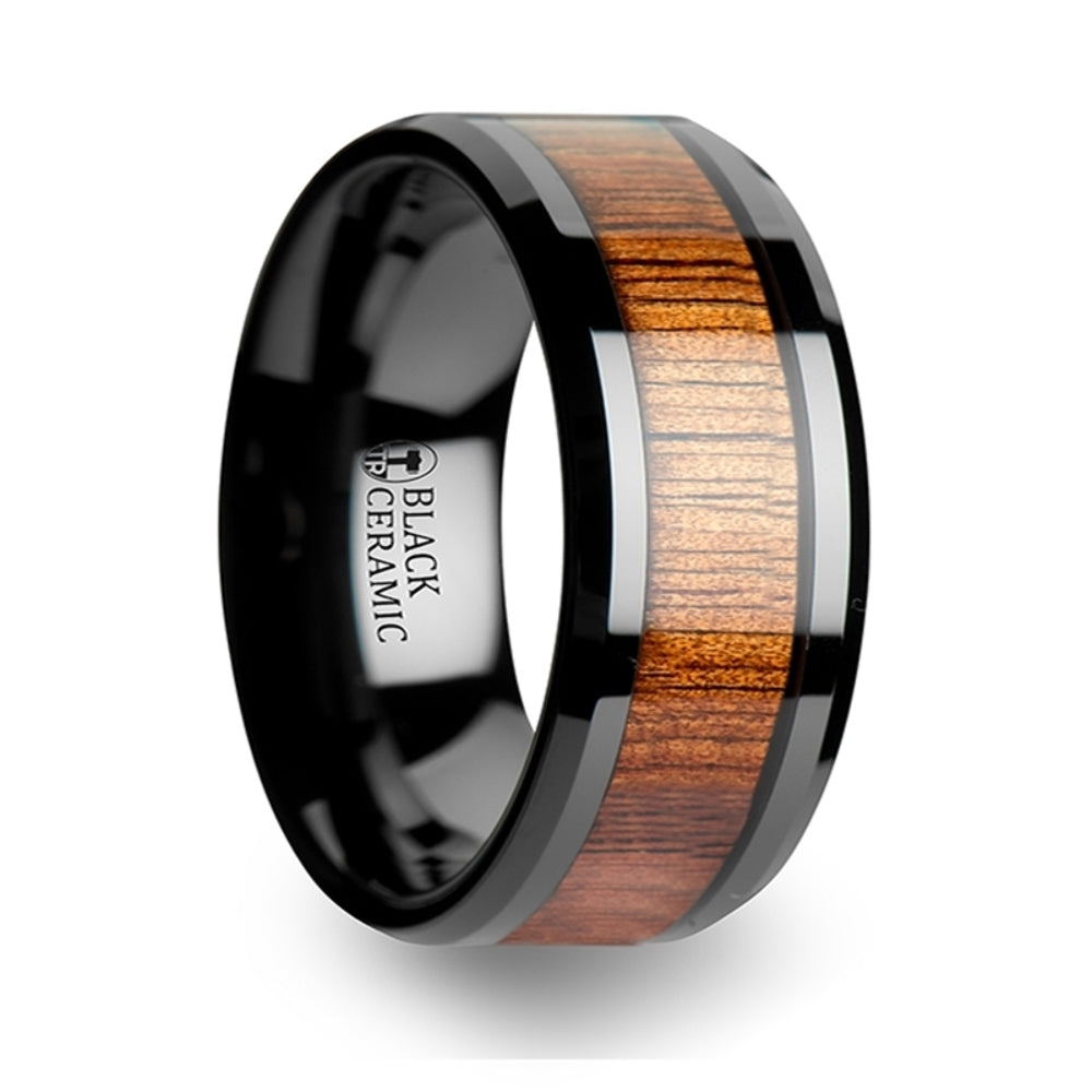 Mens Black Ceramic Koa Wood Inlaid Wedding Ring - Beveled Comfort Fit - 4mm 6mm 7mm 8mm 10mm 12mm Wide - Style name: ACACIA