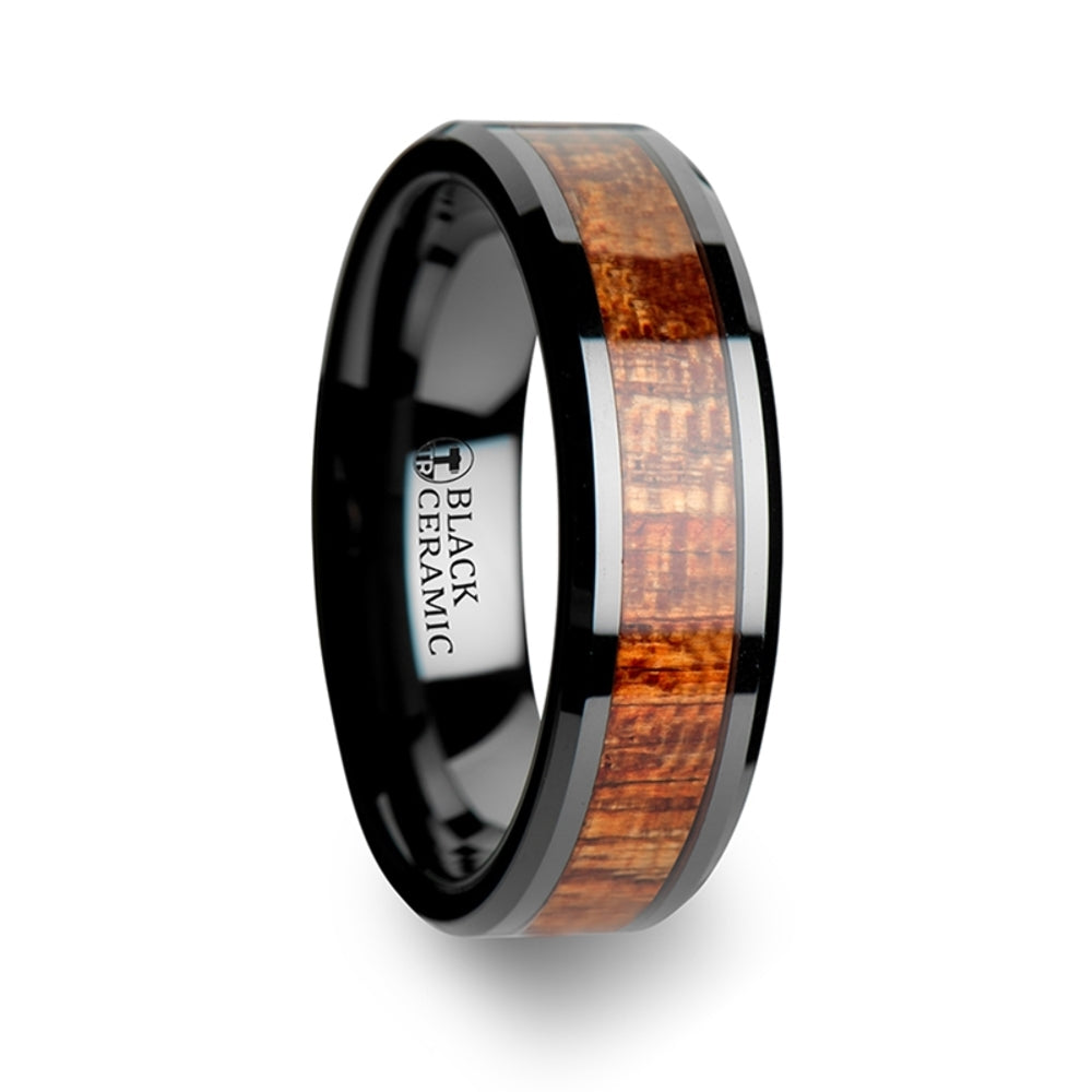 Mens Black Ceramic Exotic Mahogany Hard Wood Inlay Wedding Ring - Polished Beveled Comfort Fit - 4mm 6mm 8mm 10mm Wide - Style name: GABON