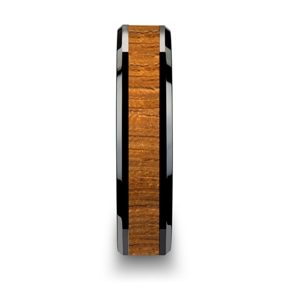 Mens Black Ceramic Teak Wood Inlay Wedding Ring - Polished Beveled Comfort Fit - 6mm 8mm 10mm Wide - Style name: SAGON