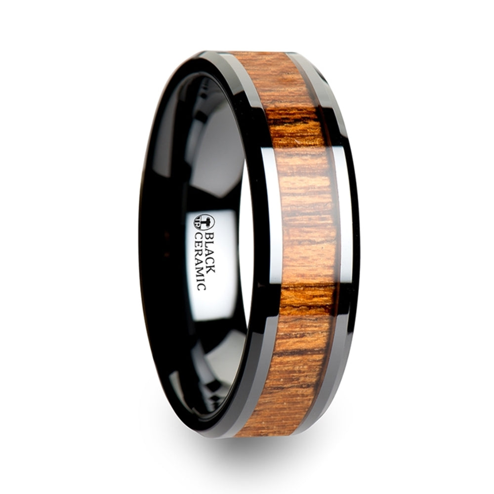 Mens Black Ceramic Teak Wood Inlay Wedding Ring - Polished Beveled Comfort Fit - 6mm 8mm 10mm Wide - Style name: SAGON