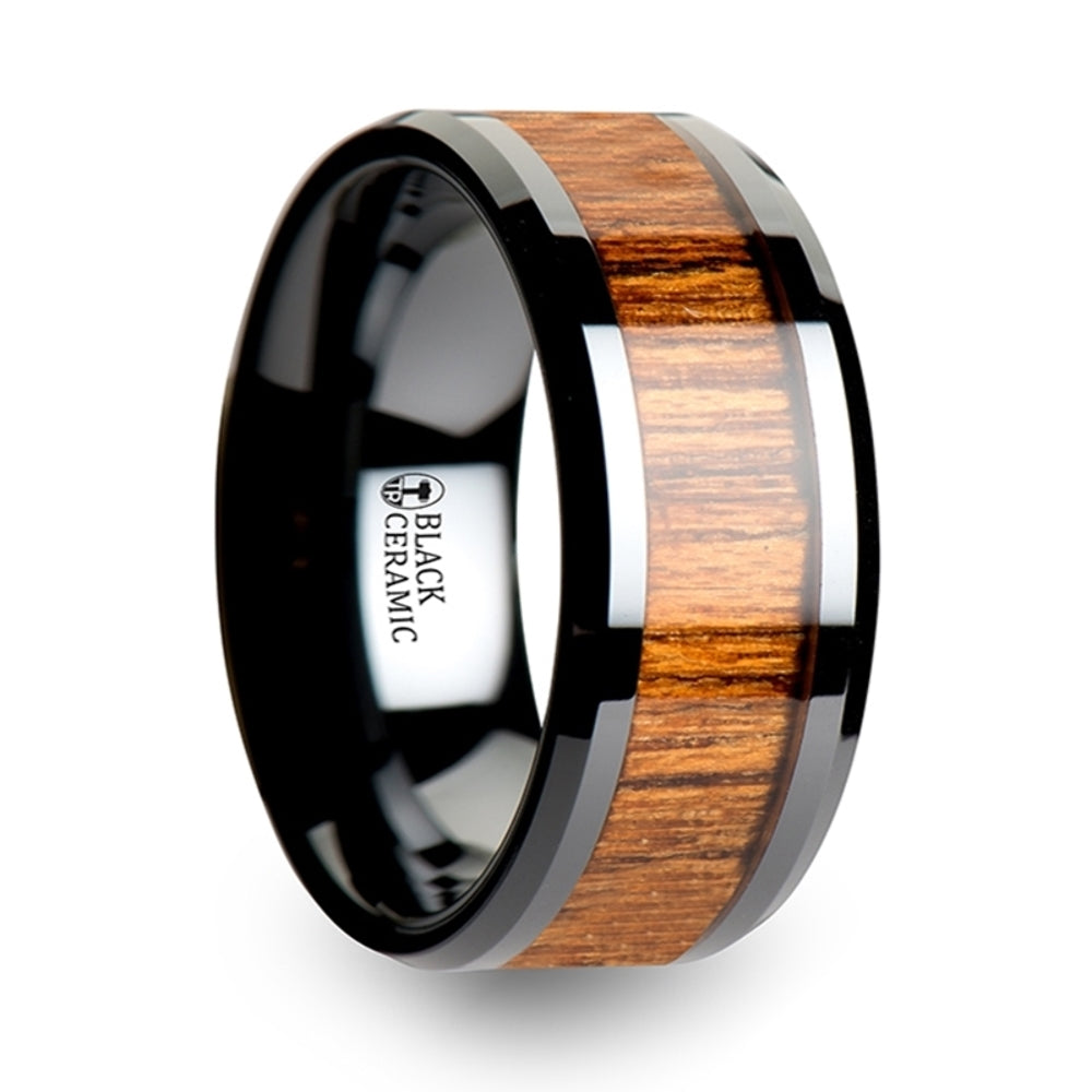 Mens Black Ceramic Teak Wood Inlay Wedding Ring - Polished Beveled Comfort Fit - 6mm 8mm 10mm Wide - Style name: SAGON