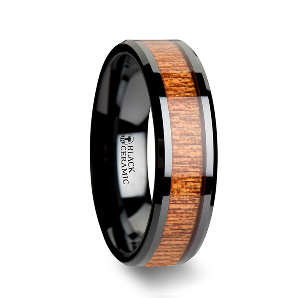 Mens Black Ceramic African Sapele Wood Inlay Wedding Ring - Polished Beveled Comfort Fit - 6mm 8mm 10mm Wide - Style name: BENIN