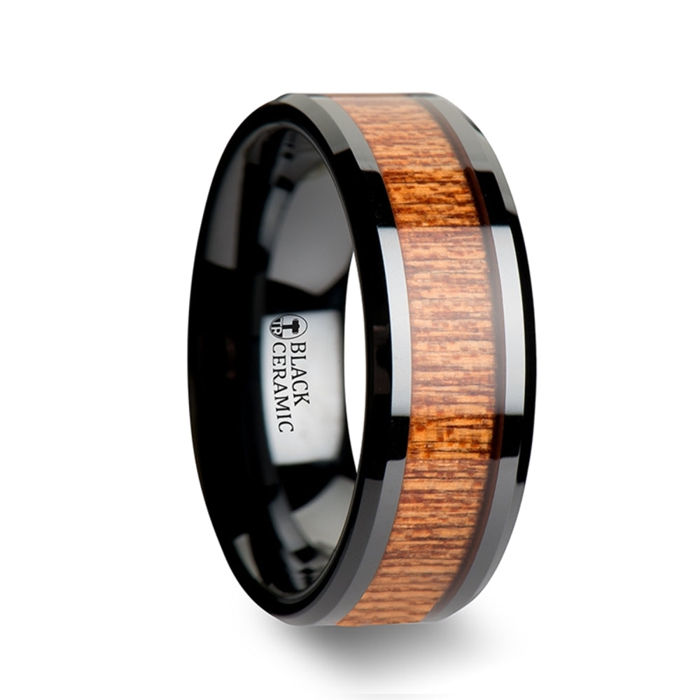 Mens Black Ceramic African Sapele Wood Inlay Wedding Ring - Polished Beveled Comfort Fit - 6mm 8mm 10mm Wide - Style name: BENIN