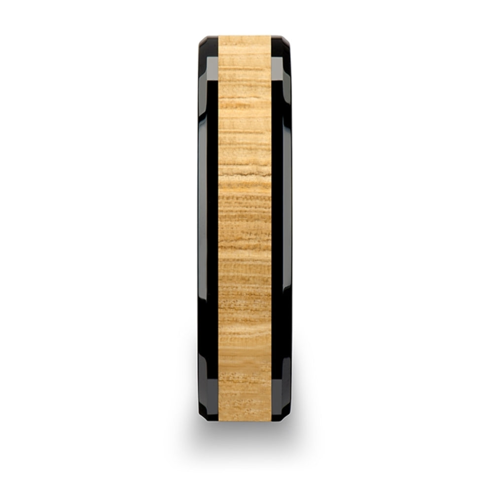 Mens Black Ceramic Ash Wood Inlay Wedding Ring - Polished Beveled Comfort Fit - 6mm 8mm 10mm Wide - Style name: BILTMORE