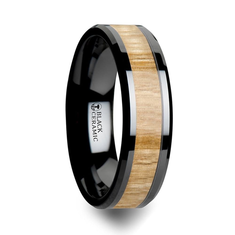 Mens Black Ceramic Ash Wood Inlay Wedding Ring - Polished Beveled Comfort Fit - 6mm 8mm 10mm Wide - Style name: BILTMORE