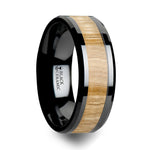 Load image into Gallery viewer, Mens Black Ceramic Ash Wood Inlay Wedding Ring - Polished Beveled Comfort Fit - 6mm 8mm 10mm Wide - Style name: BILTMORE
