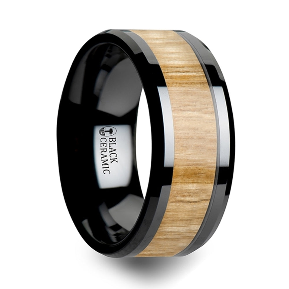 Mens Black Ceramic Ash Wood Inlay Wedding Ring - Polished Beveled Comfort Fit - 6mm 8mm 10mm Wide - Style name: BILTMORE