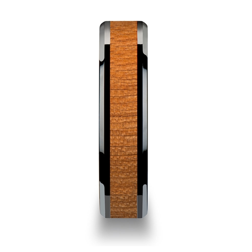 Mens Black Ceramic Black Cherry Wood Inlay Wedding Ring - Polished Beveled Comfort Fit - 6mm 8mm 10mm Wide - Style name: IOWA
