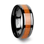 Load image into Gallery viewer, Mens Black Ceramic Black Cherry Wood Inlay Wedding Ring - Polished Beveled Comfort Fit - 6mm 8mm 10mm Wide - Style name: IOWA
