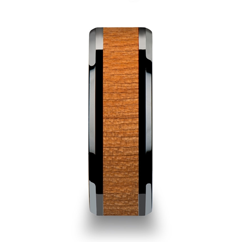 Mens Black Ceramic Black Cherry Wood Inlay Wedding Ring - Polished Beveled Comfort Fit - 6mm 8mm 10mm Wide - Style name: IOWA
