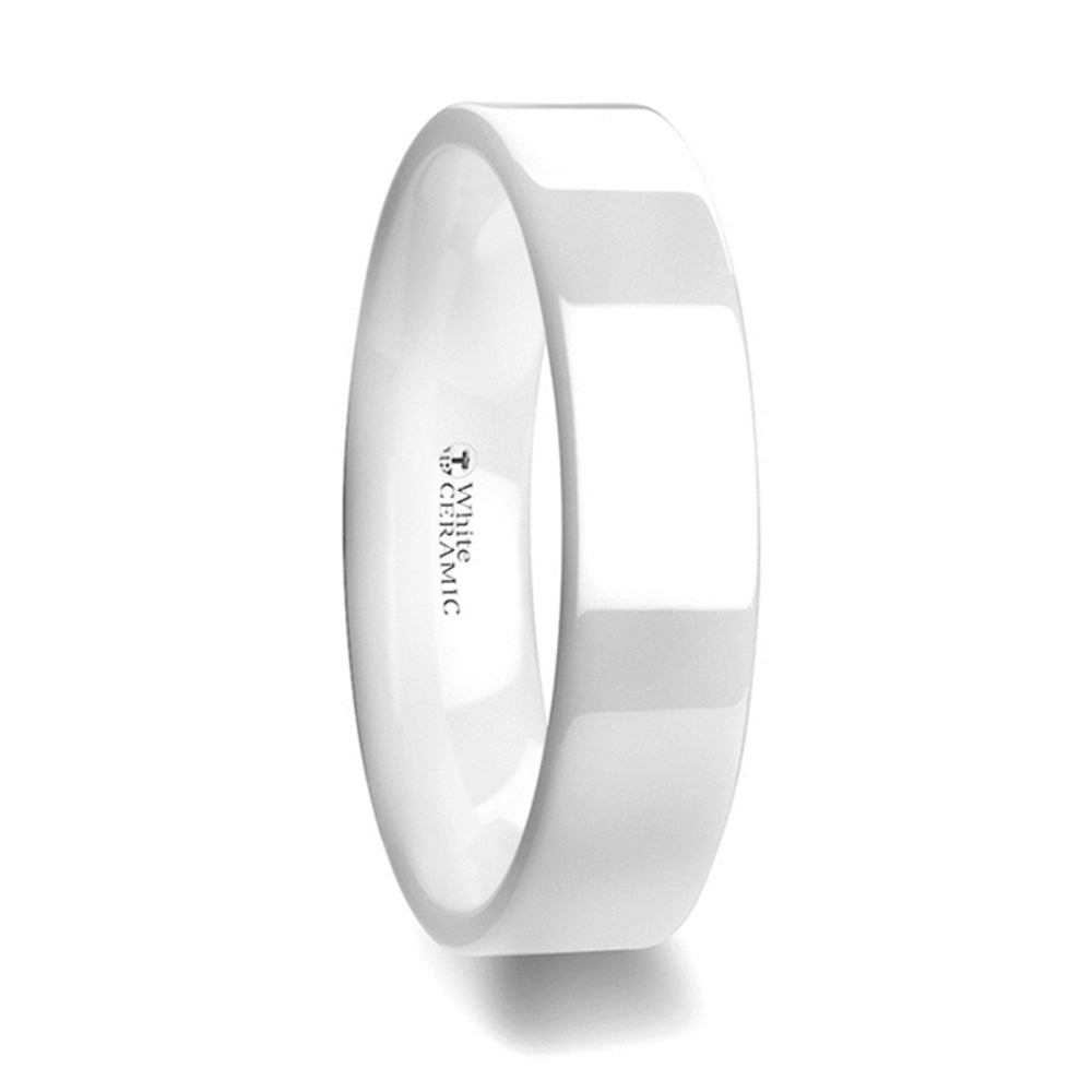 Mens White Ceramic Flat Wedding Ring - Polished Finish Comfort Fit - 6mm 8mm Wide - Style name: LUCENT
