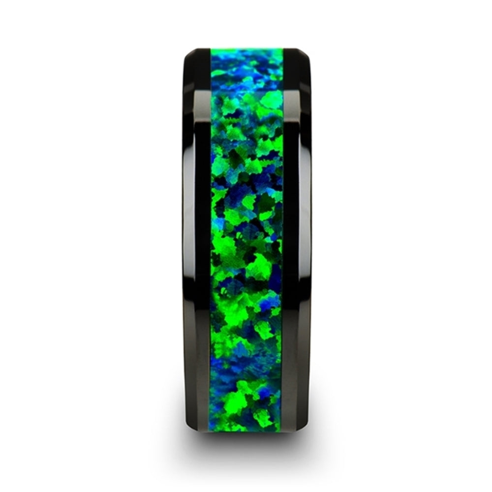 Mens Black Ceramic Emerald Green & Sapphire Blue Color Opal Inlay Wedding Ring - Beveled Comfort Fit - 6mm 8mm Wide - Style name: PULSAR