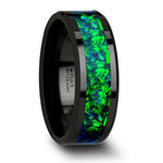 Load image into Gallery viewer, Mens Black Ceramic Emerald Green &amp; Sapphire Blue Color Opal Inlay Wedding Ring - Beveled Comfort Fit - 6mm 8mm Wide - Style name: PULSAR
