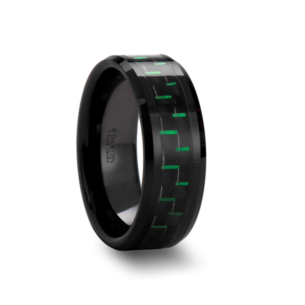 Mens Black Ceramic Black & Green Carbon Fiber Wedding Ring - Beveled Comfort Fit - 8mm Wide - Style name: ATILUS