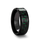 Load image into Gallery viewer, Mens Black Ceramic Black &amp; Green Carbon Fiber Wedding Ring - Beveled Comfort Fit - 8mm Wide - Style name: ATILUS
