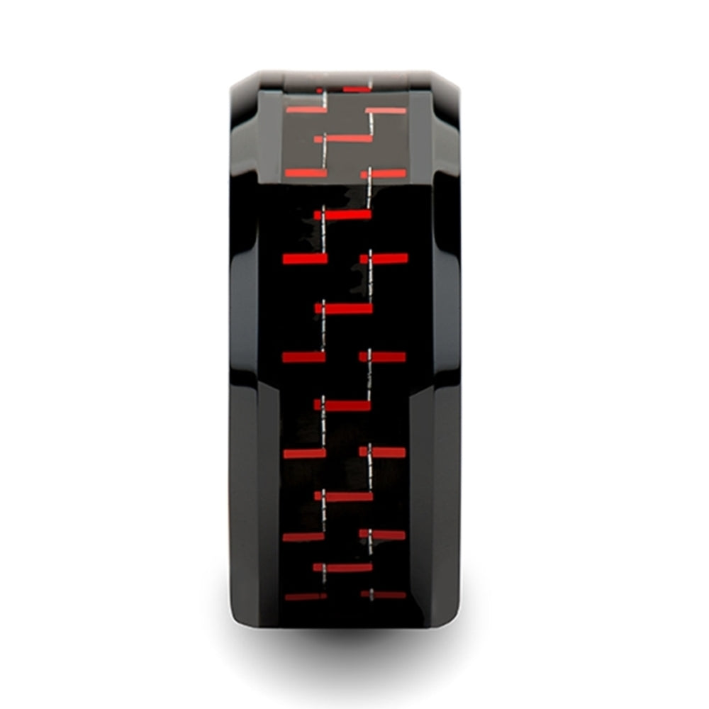 Mens Black Ceramic Black & Red Carbon Fiber Wedding Ring - Beveled Comfort Fit - 4mm 6mm 8mm 10mm Wide - Style name: ANTONIUS