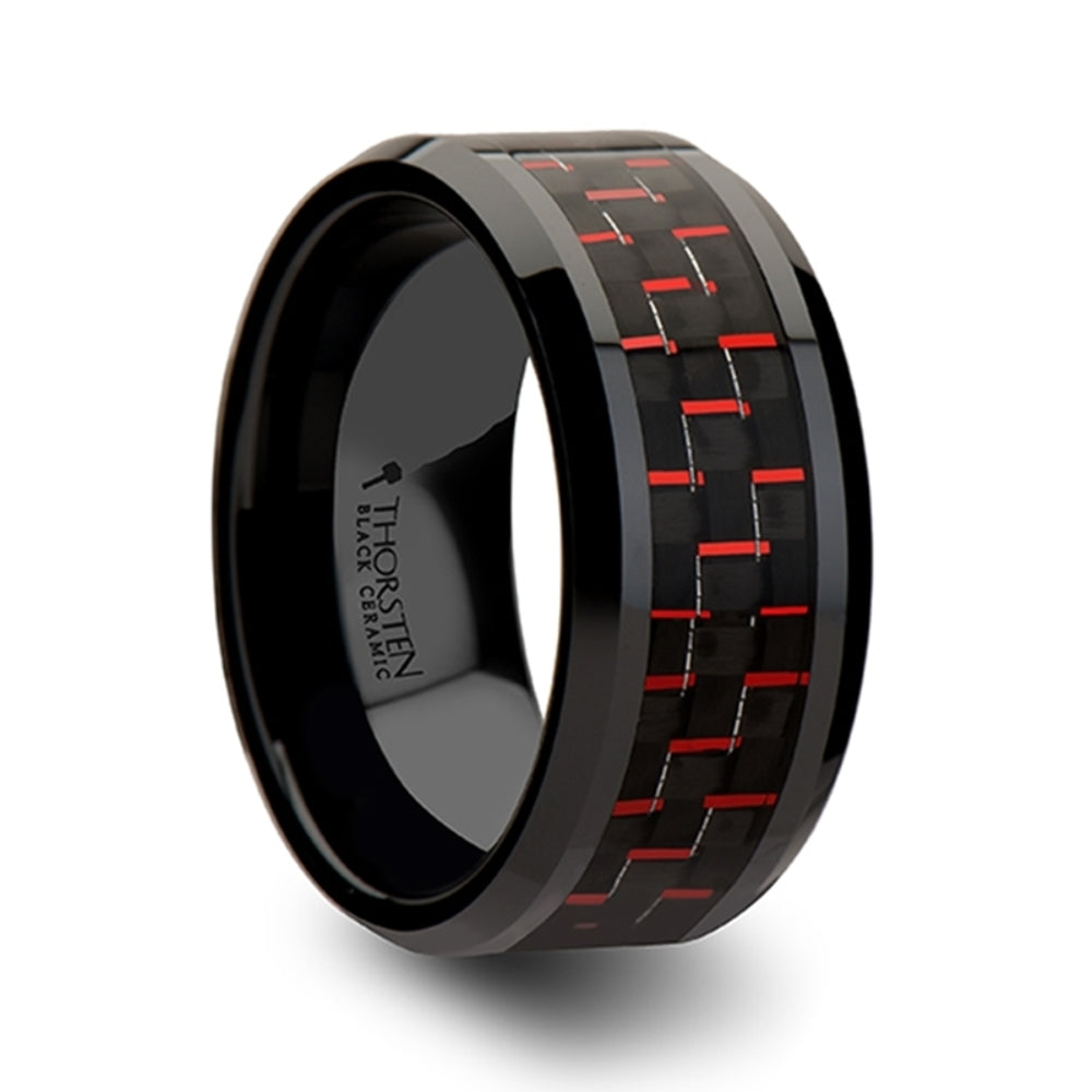 Mens Black Ceramic Black & Red Carbon Fiber Wedding Ring - Beveled Comfort Fit - 4mm 6mm 8mm 10mm Wide - Style name: ANTONIUS