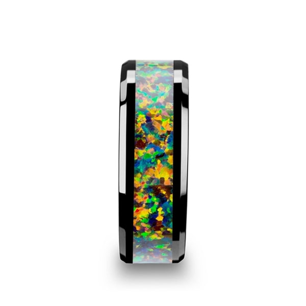 Mens Black Ceramic Blue & Orange Opal Inlay Wedding Ring - Beveled Comfort Fit - 8mm Wide - Style name: GALACTIC