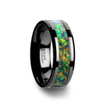 Load image into Gallery viewer, Mens Black Ceramic Blue &amp; Orange Opal Inlay Wedding Ring - Beveled Comfort Fit - 8mm Wide - Style name: GALACTIC
