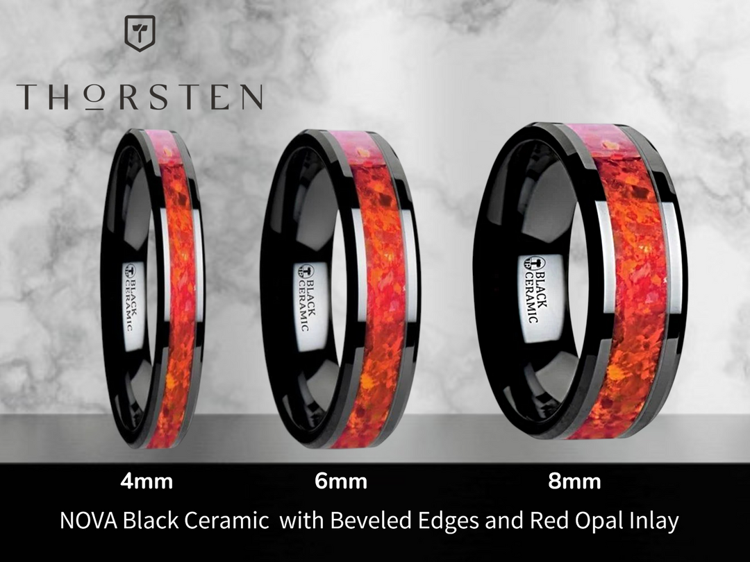 Men's Ceramic Red Opal Inlay Wedding Ring - Beveled Comfort Fit - 4mm 6mm 8mm Wide - Style name: NOVA