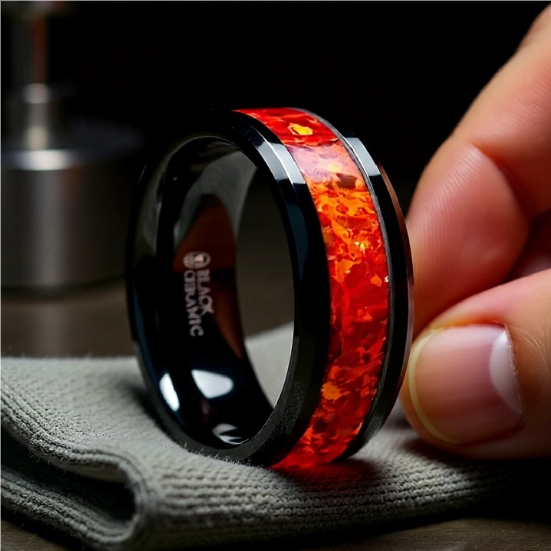 Men's Ceramic Red Opal Inlay Wedding Ring - Beveled Comfort Fit - 4mm 6mm 8mm Wide - Style name: NOVA
