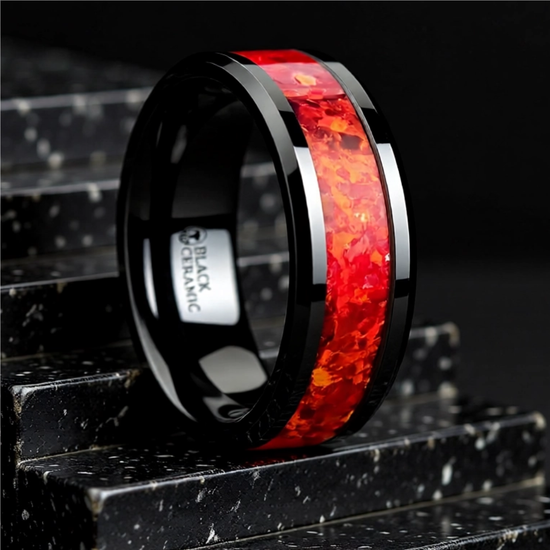 Men's Ceramic Red Opal Inlay Wedding Ring - Beveled Comfort Fit - 4mm 6mm 8mm Wide - Style name: NOVA