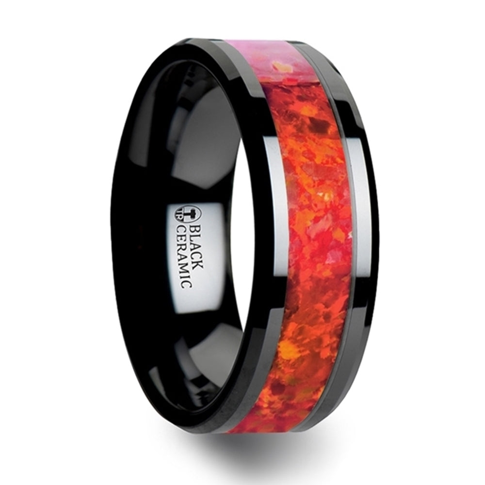 Men's Ceramic Red Opal Inlay Wedding Ring - Beveled Comfort Fit - 4mm 6mm 8mm Wide - Style name: NOVA