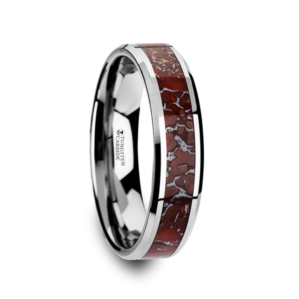 Mens Tungsten Carbide Red Dinosaur Bone Inlaid Wedding Ring - Beveled Comfort Fit - 4mm 8mm Wide - Style name: JURASSIC
