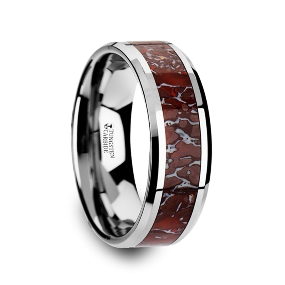 Mens Tungsten Carbide Red Dinosaur Bone Inlaid Wedding Ring - Beveled Comfort Fit - 4mm 8mm Wide - Style name: JURASSIC