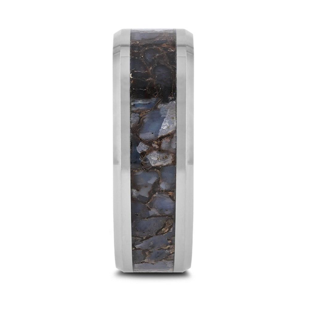 Mens Tungsten Blue Dinosaur Bone Inlaid Wedding Ring - Beveled Edged Comfort Fit - 4mm 8mm Wide - Style name: DEVONIAN