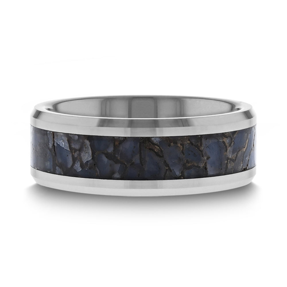 Mens Tungsten Blue Dinosaur Bone Inlaid Wedding Ring - Beveled Edged Comfort Fit - 4mm 8mm Wide - Style name: DEVONIAN
