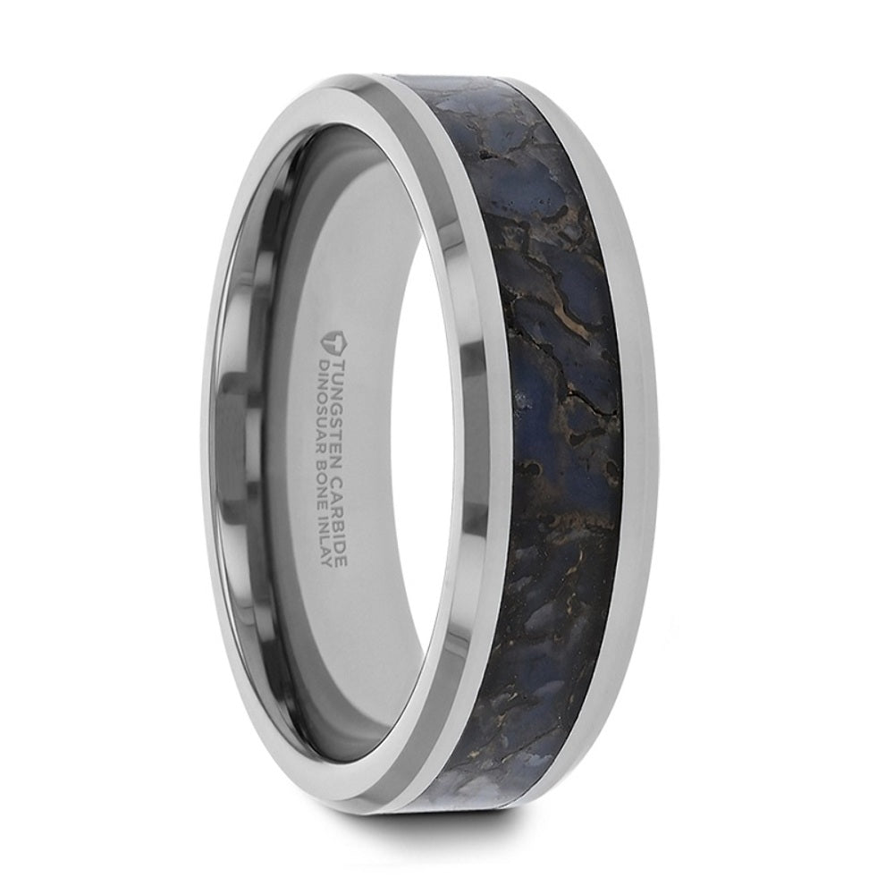 Mens Tungsten Blue Dinosaur Bone Inlaid Wedding Ring - Beveled Edged Comfort Fit - 4mm 8mm Wide - Style name: DEVONIAN