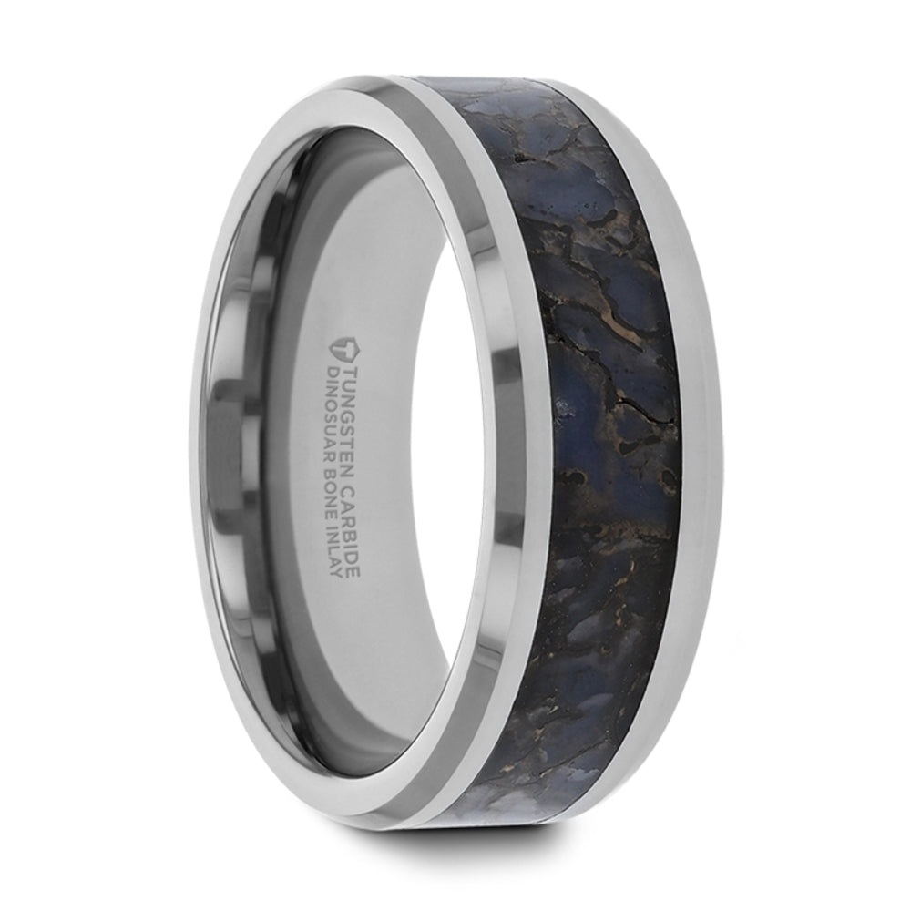 Mens Tungsten Blue Dinosaur Bone Inlaid Wedding Ring - Beveled Edged Comfort Fit - 4mm 8mm Wide - Style name: DEVONIAN