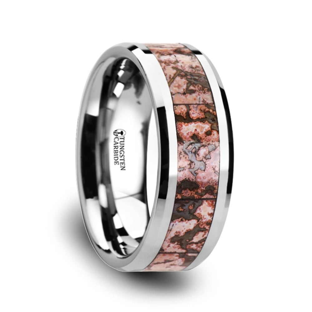 Mens Tungsten Carbide Pink Dinosaur Bone Inlaid Wedding Ring - Beveled Comfort Fit - 6mm 8mm Wide - Style name: ARCHEAN