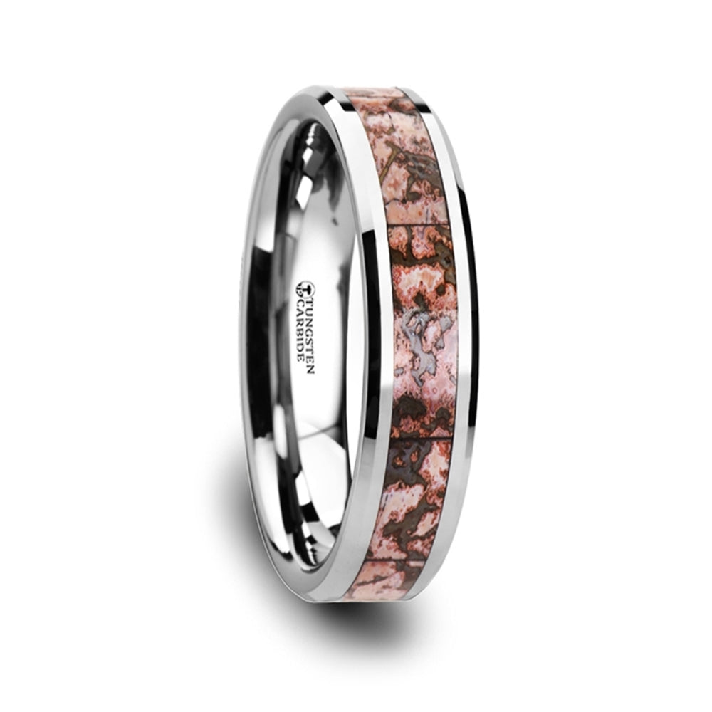 Mens Tungsten Carbide Pink Dinosaur Bone Inlaid Wedding Ring - Beveled Comfort Fit - 6mm 8mm Wide - Style name: ARCHEAN