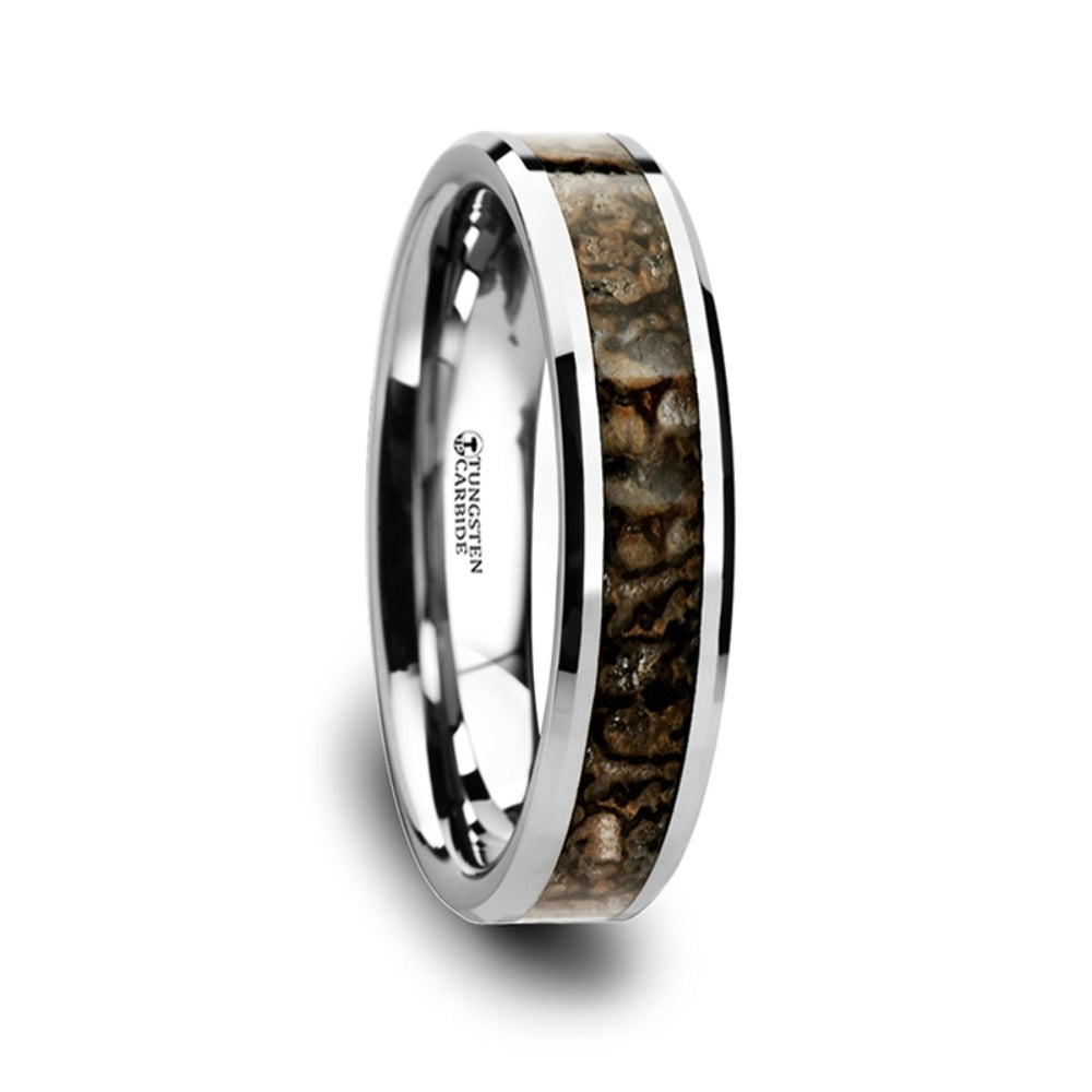 Mens Tungsten Carbide Dinosaur Bone Inlaid Wedding Ring - Beveled Comfort Fit - 4mm 8mm Wide - Style name: ORDOVICIAN