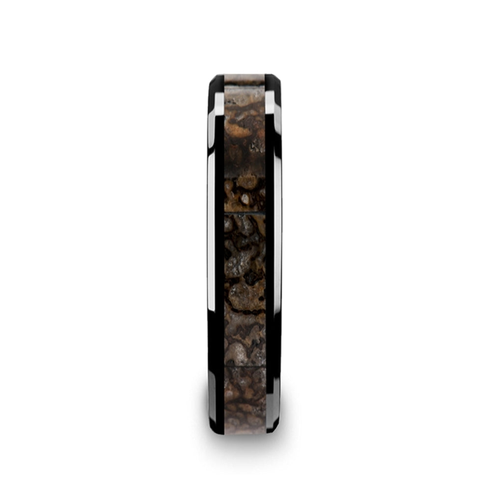 Mens Black Ceramic Dinosaur Bone Inlaid Wedding Ring - Beveled Comfort Fit - 6mm 8mm Wide - Style name: SILURIAN