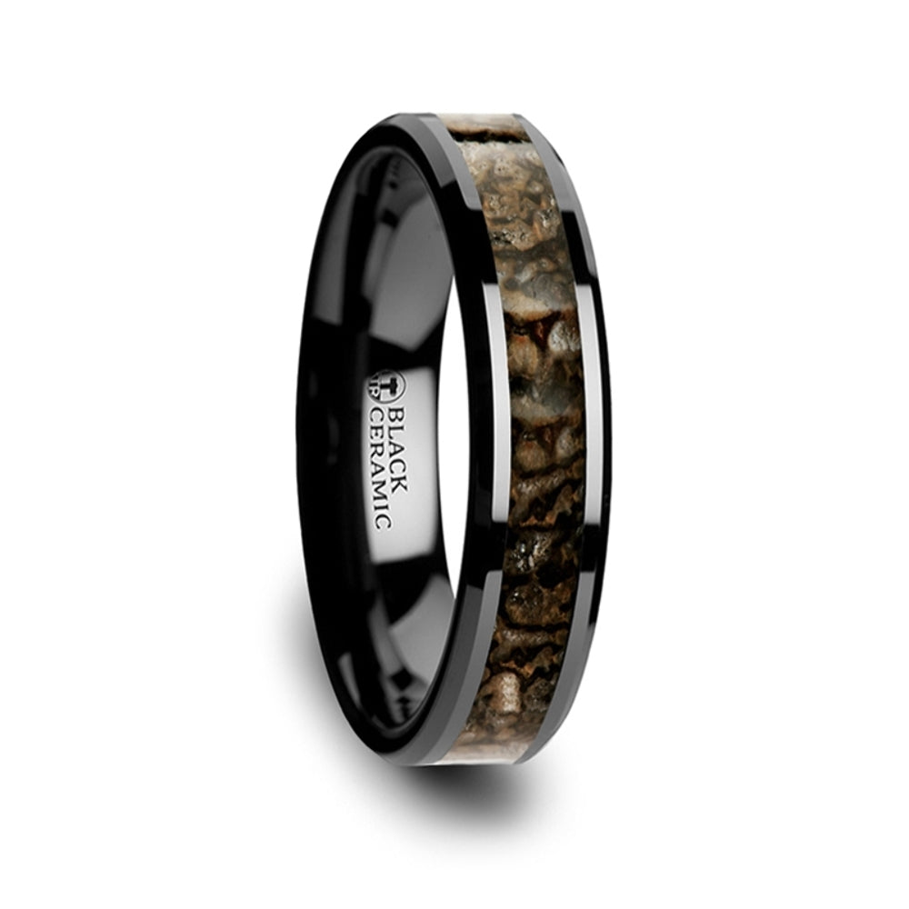 Mens Black Ceramic Dinosaur Bone Inlaid Wedding Ring - Beveled Comfort Fit - 6mm 8mm Wide - Style name: SILURIAN