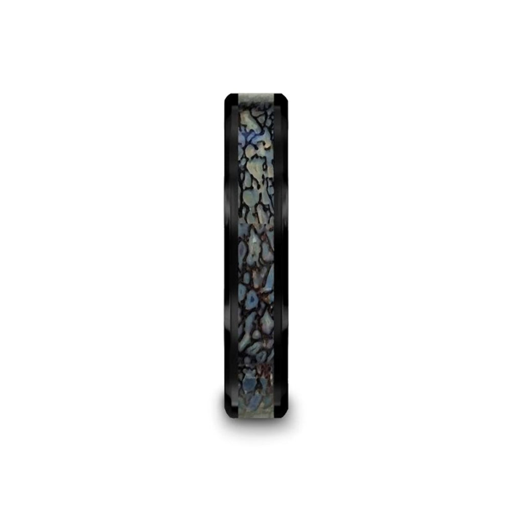 Mens Black Ceramic Dinosaur Bone Inlaid Blue Wedding Ring - Beveled Comfort Fit - 4mm 8mm Wide - Style name: PERMIAN