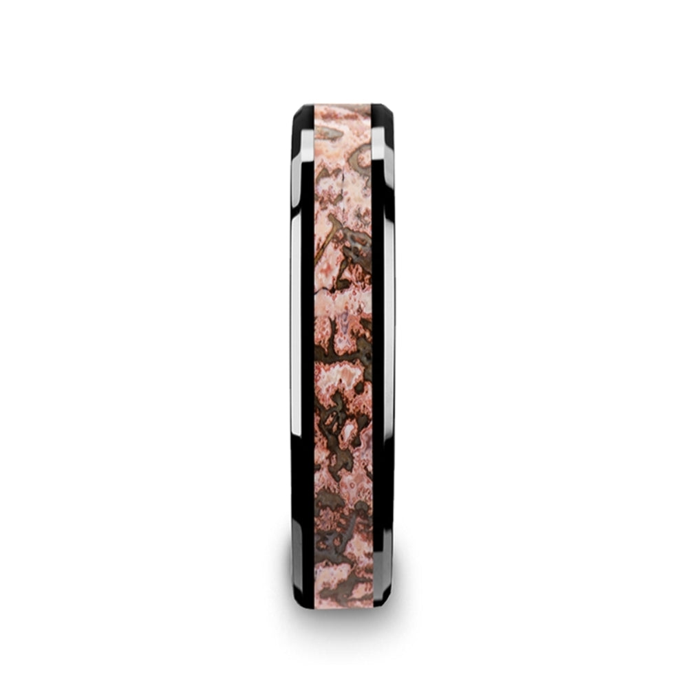 Mens Black Ceramic Pink Dinosaur Bone Inlaid Wedding Ring - Beveled Edged Comfort Fit - 4mm 8mm Wide - Style name: CAMBRIAN