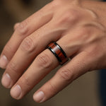 Load image into Gallery viewer, Mens Black Ceramic Purple Heart Wood Inlaid Wedding Ring - Beveled Comfort Fit - 8mm Wide - Style name: MORADO
