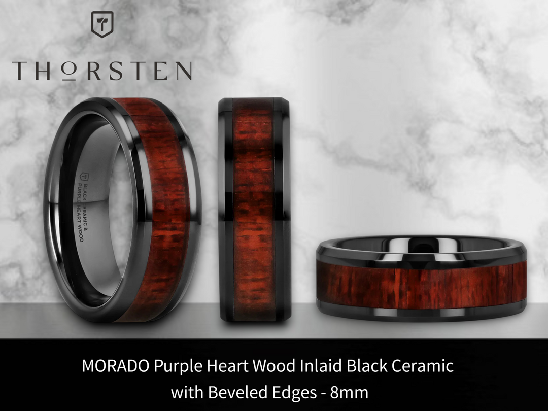 Mens Black Ceramic Purple Heart Wood Inlaid Wedding Ring - Beveled Comfort Fit - 8mm Wide - Style name: MORADO