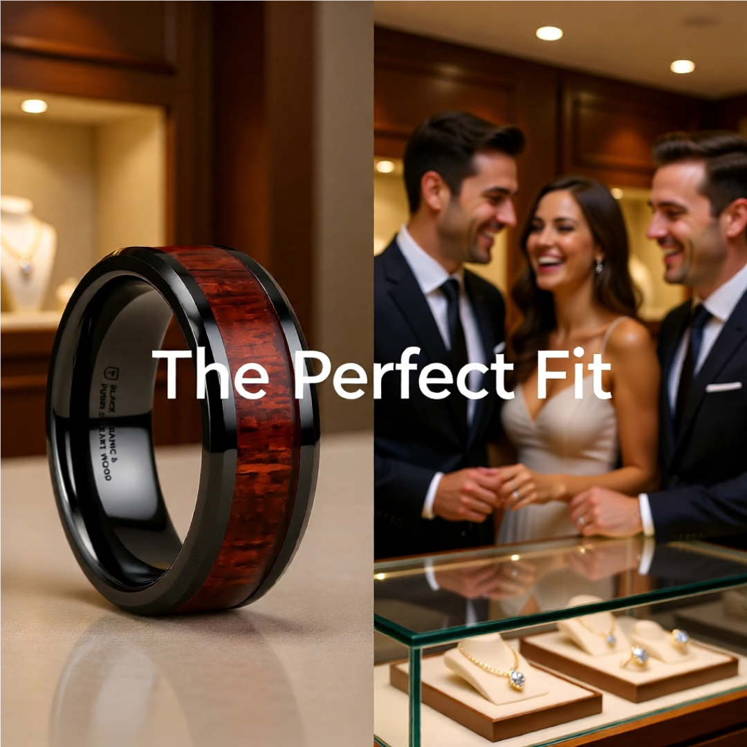 Mens Black Ceramic Purple Heart Wood Inlaid Wedding Ring - Beveled Comfort Fit - 8mm Wide - Style name: MORADO