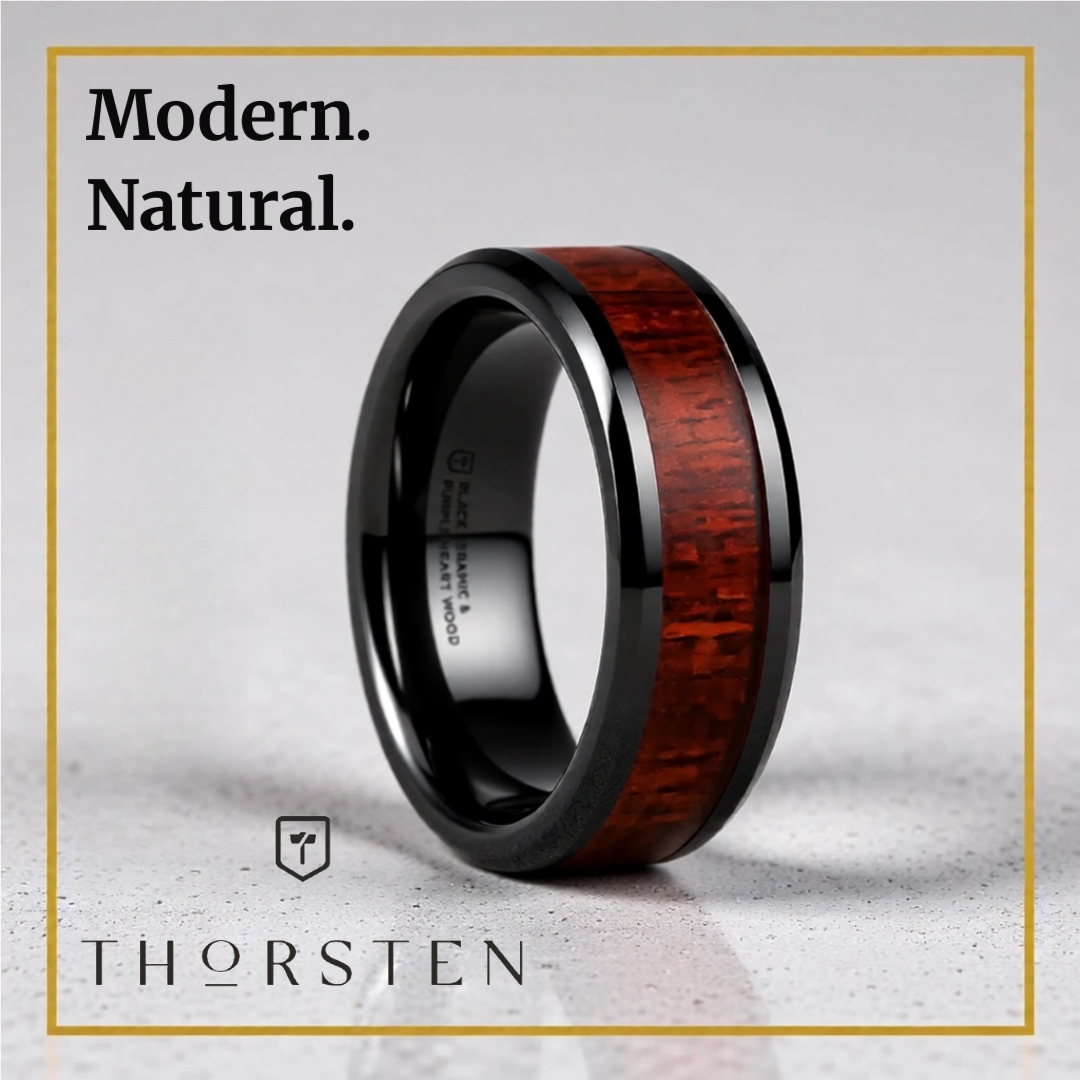Mens Black Ceramic Purple Heart Wood Inlaid Wedding Ring - Beveled Comfort Fit - 8mm Wide - Style name: MORADO