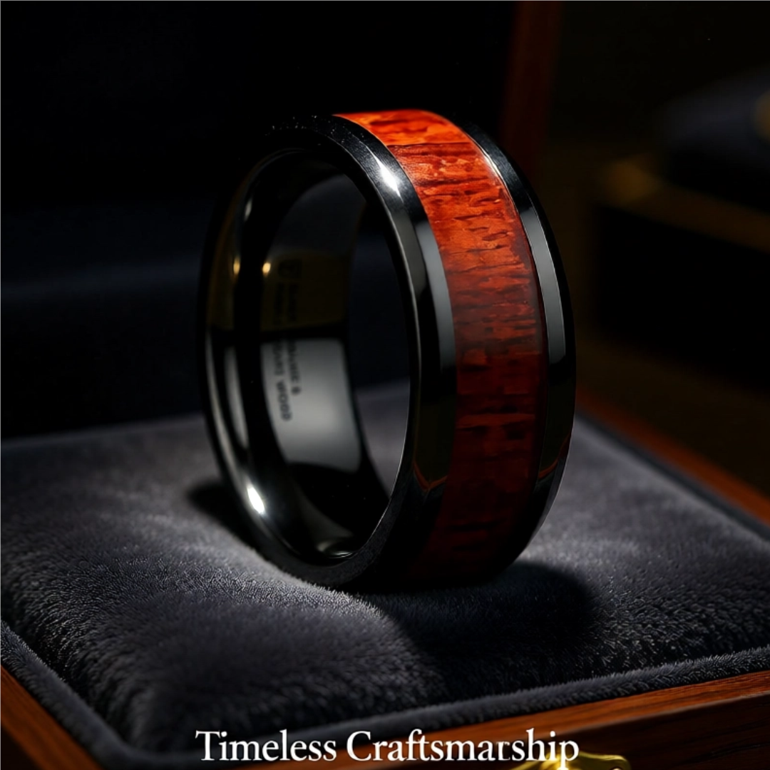 Mens Black Ceramic Purple Heart Wood Inlaid Wedding Ring - Beveled Comfort Fit - 8mm Wide - Style name: MORADO